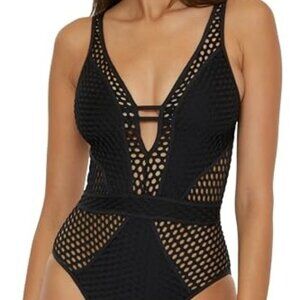 Becca Fishnet Plunge-Neck One-Piece Swimsuit